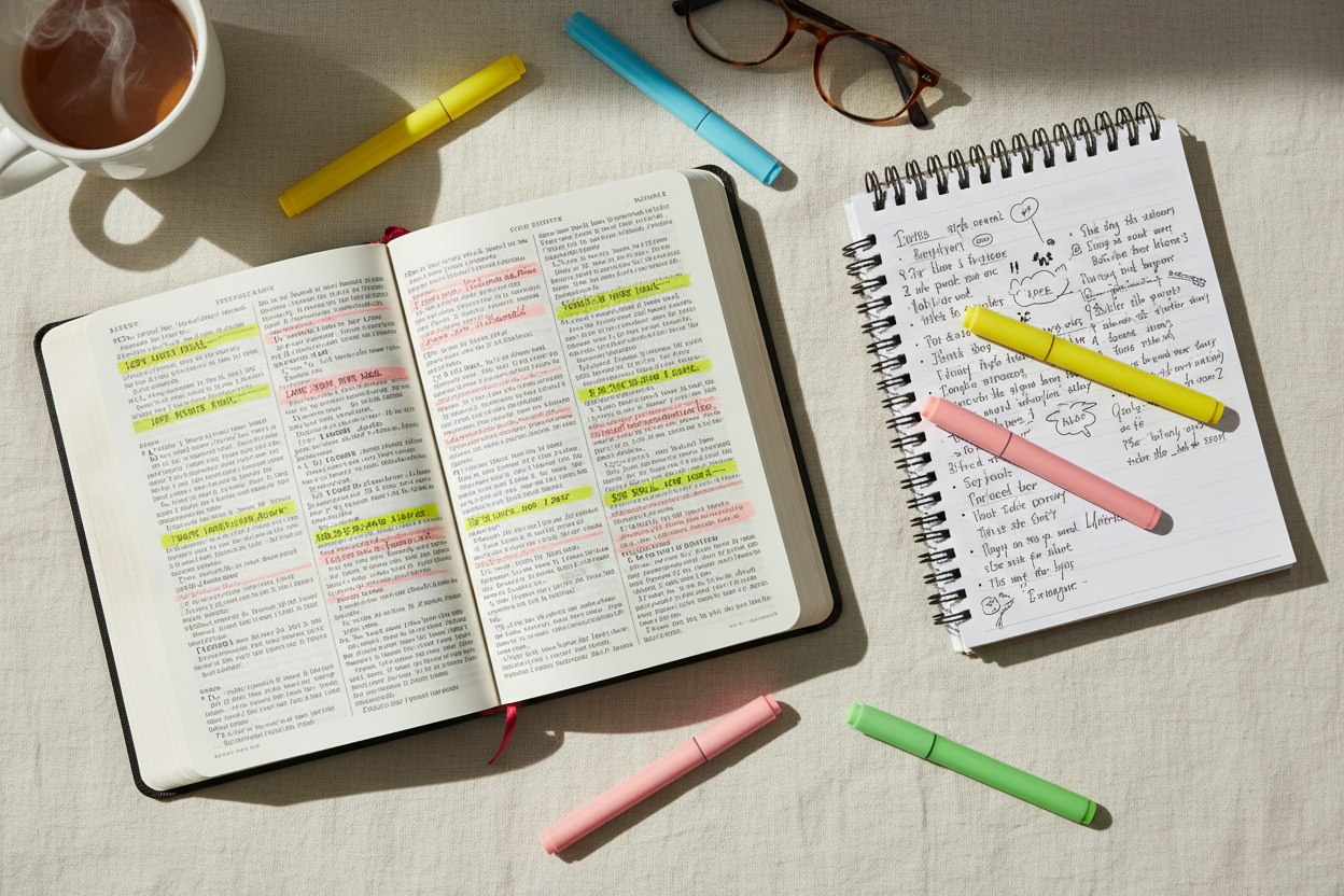 add notes on the notebook and highlighters, some highlighted section on the bible